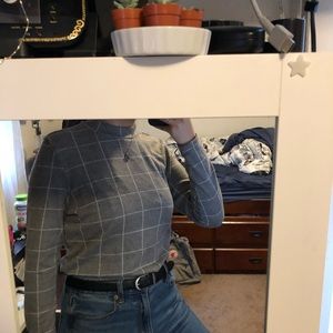Windowpane Patterned Grey Mock Neck Sweater
